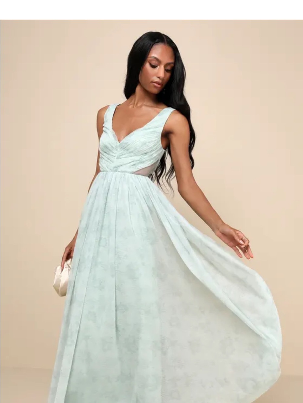 Lulu’s Blissful Poise Sage Green Floral Mesh Pleated Cutout Maxi Dress